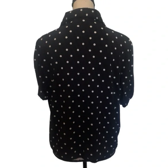 Adrianna Papell Black Polka Dot Puff Sleeve Button Up Women's Top Large - Picture 3 of 4